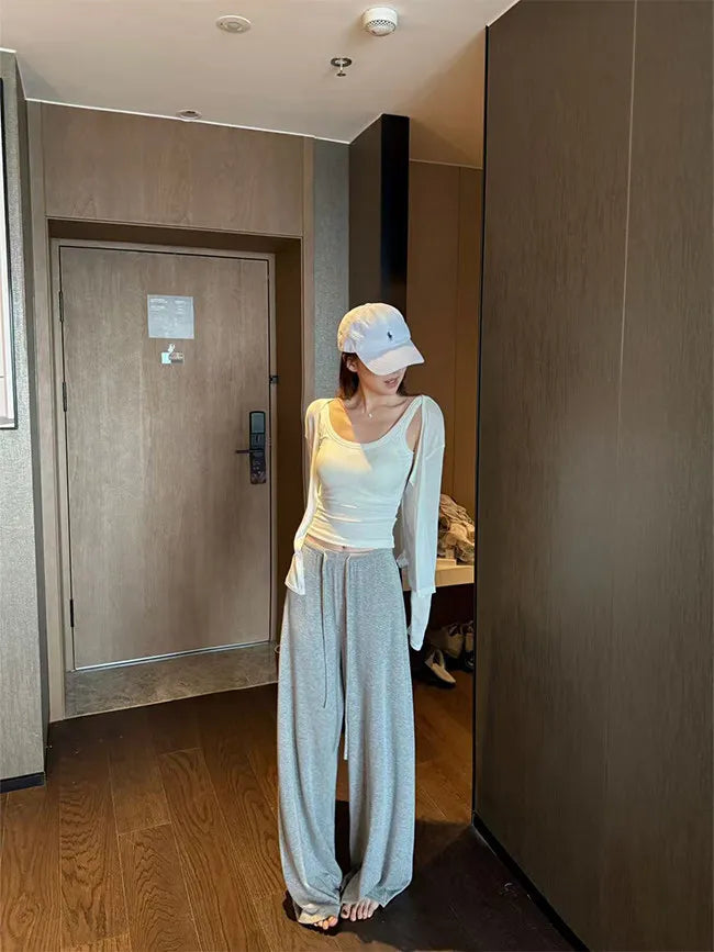 Women's Straight Pants Spring Summer Loose Casual High Waist Wide-leg Pants Drawstring Solid Gray Trousers Women