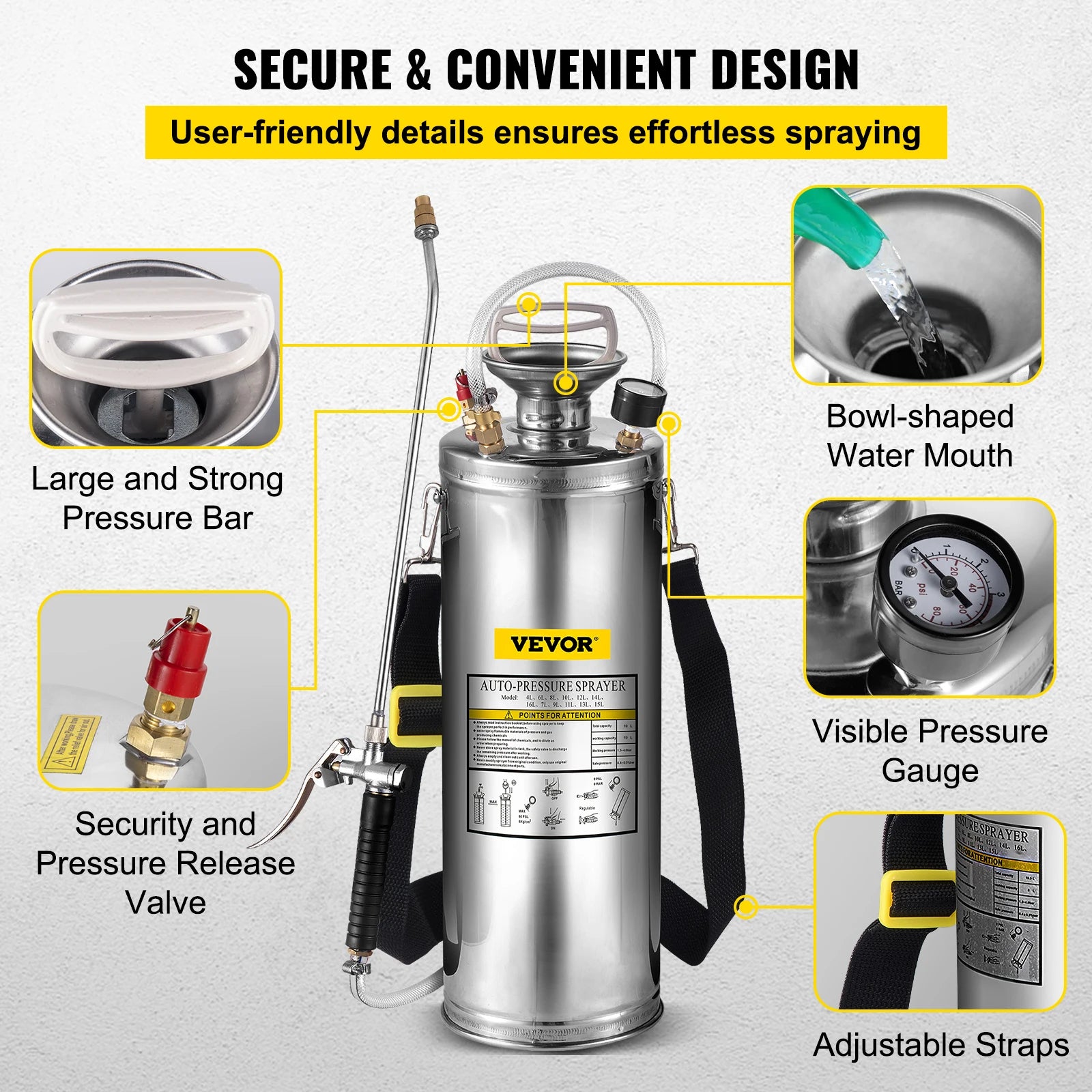 SucceBuy 4-12L Hand Powered Sprayer Stainless Steel Watering Spraying Sprinkling Atomizer Pump Home Ground Garden Cleaning Sprayer