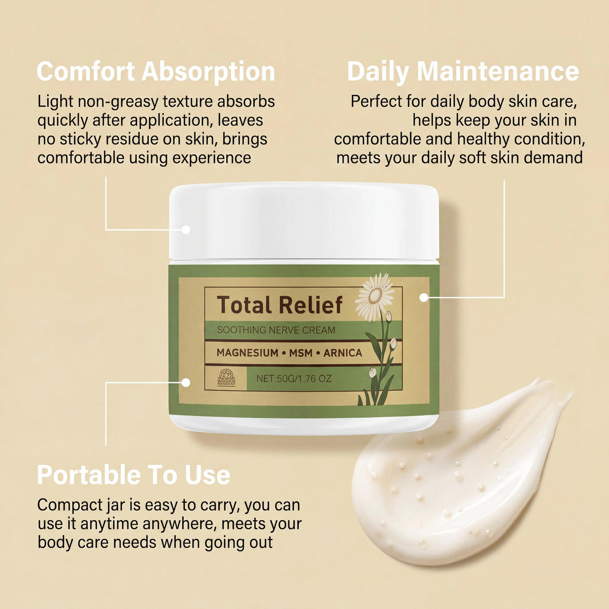 Total Relief Magnesium Soothing Cream Relieve Nerves Tension Reduce Muscle Discomforts Daily Joint Care Fast Absorb Body Cream