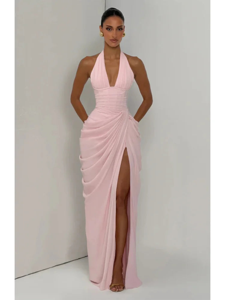 Women Fashion Solid Pleated Halter Dress Waist-cinching Sleeveless Backless Split Maxi Dresses 2026 Sexy Summer Lady Party Gowns