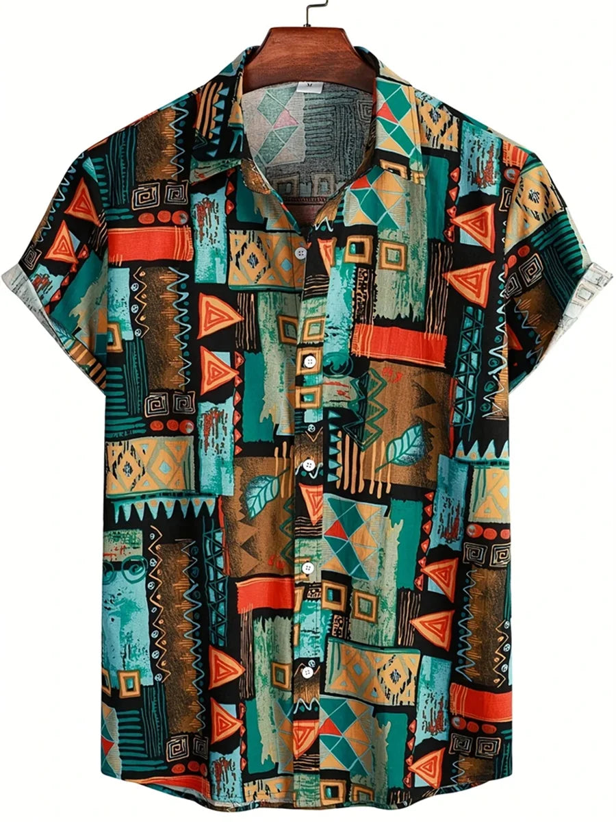 New Summer Men's Shirt with Blue and White Porcelain Floral Print, Short-Sleeve Shirt, Casual Loose-Fitting Lapel Hawaiian Shirt