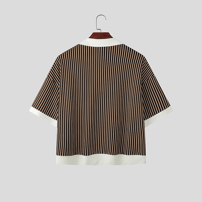 INCERUN Men Shirt Striped Patchwork Lapel Short Sleeve Casual Men Clothing Summer Color-block Fashion Leisure Tops Male Shirts