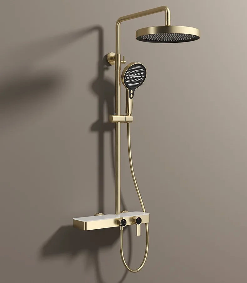 JIENI Brushed Gold Bathroom Shower Set Rainfall Hot And Cold Control Multifunctional Bath Shower Faucet System W/ Hand Shower