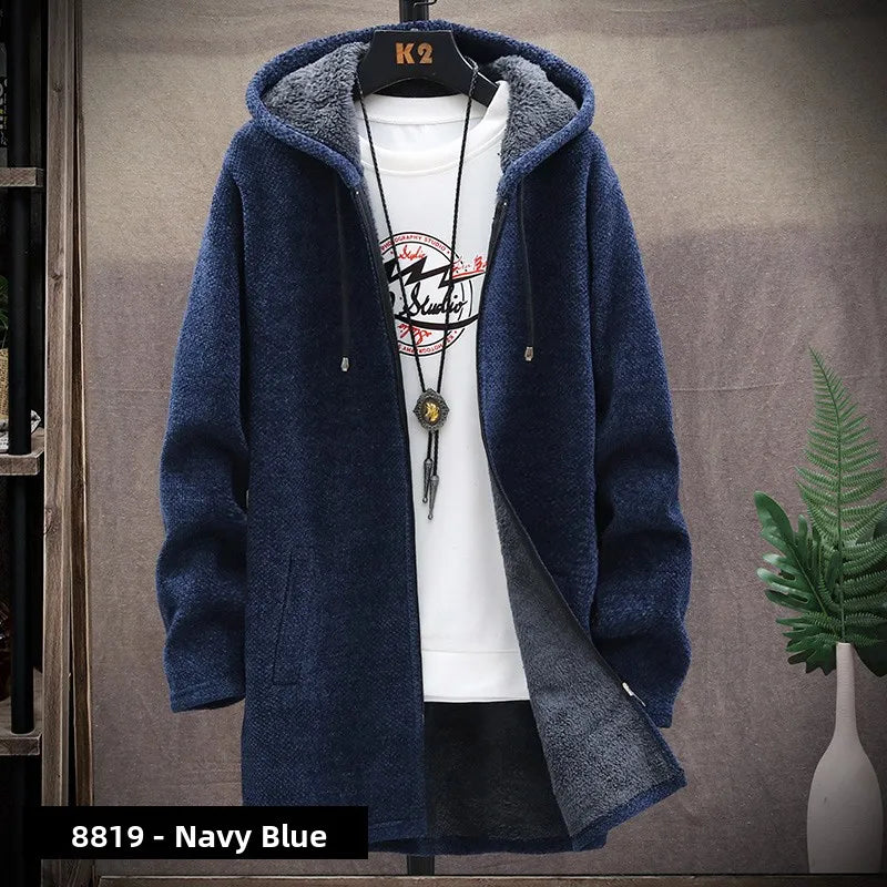 Men's Knitted Sweater Cardigan Thickened Fleece Hooded Casual Style Warm Outerwear Autumn Winter New Arrival Korean Version