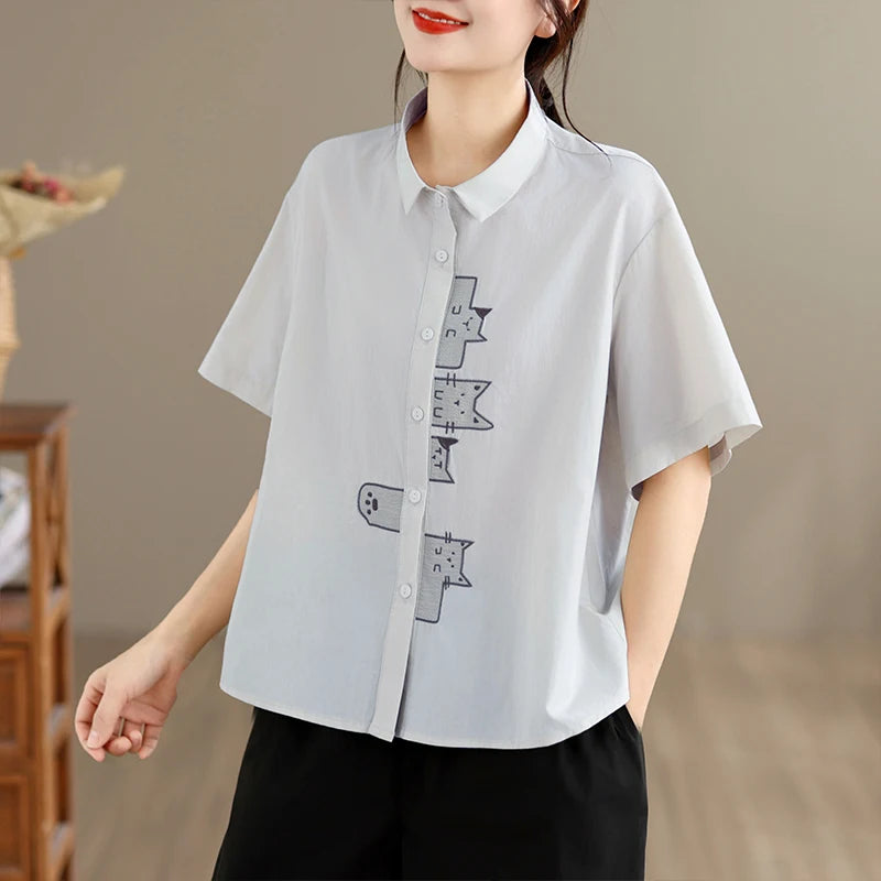 White Oversized Casual Short Sleeve Embroidered Shirt Loose Fit Versatile Slimming Style Women's Cotton Shirt Summer 2026