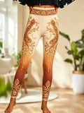 Women Fleece‑lined Mid‑rise Leggings Ombre Gradient Peacock Feather Crescent Moon Floral Ornate Border Print Slim Stretch  Pants