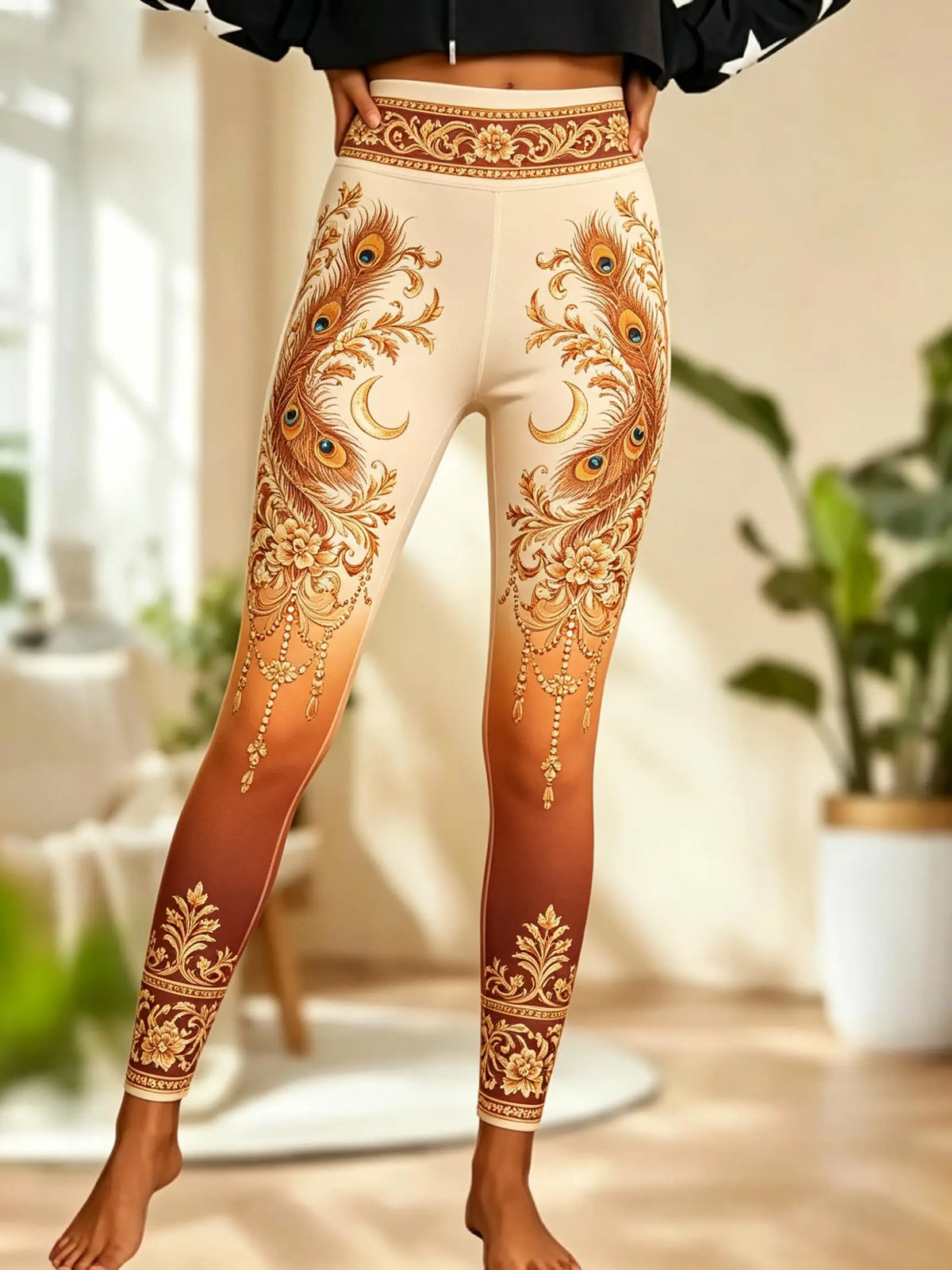 Women Fleece‑lined Mid‑rise Leggings Ombre Gradient Peacock Feather Crescent Moon Floral Ornate Border Print Slim Stretch  Pants