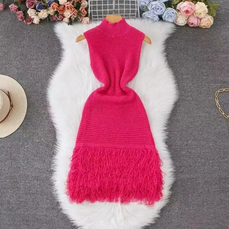 Super Elastic Fashionable Exquisite Versatile Comfortable Tassel Hem Round Neck Sleeveless Crochet Bodycon Dress