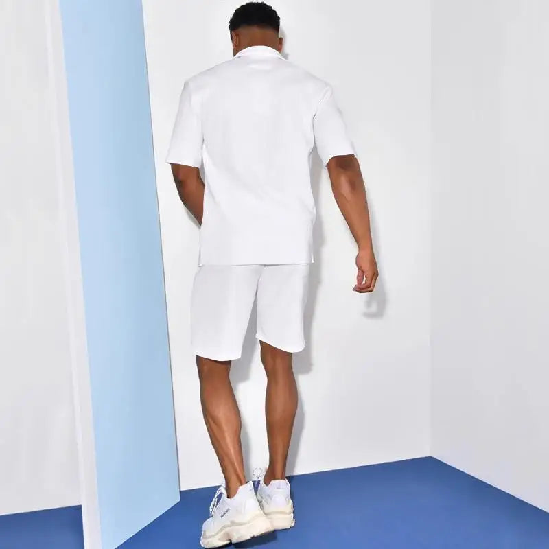 2026 Men's Summer Solid Casual Sets Comfy Cotton Linen Short Sleeve Lapel Shirt and Shorts Two Piece Sets Men Loose Sport Outfit