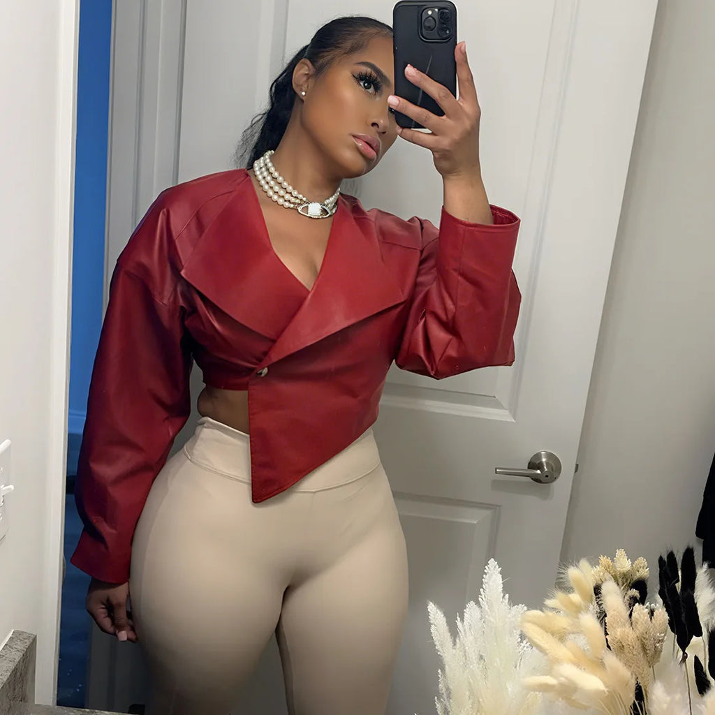 Joskaa 2025 Fall Women's PU Leather Jackets Fashion Solid Lapel Full Sleeve Slim Irregular Crop Coats Outerwear Y2K Streetwear