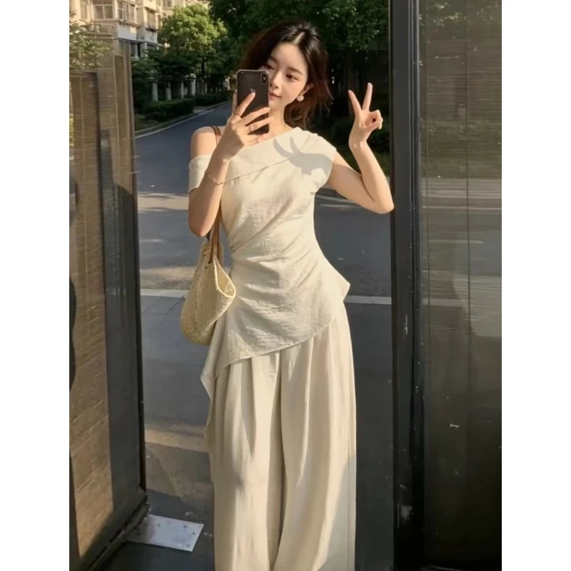 Summer Fashion Set Women's Side Shoulder Short Sleeve T-Shirt And Wide Leg Pants Two-Piece Suit Elegant And Stylish OOTD