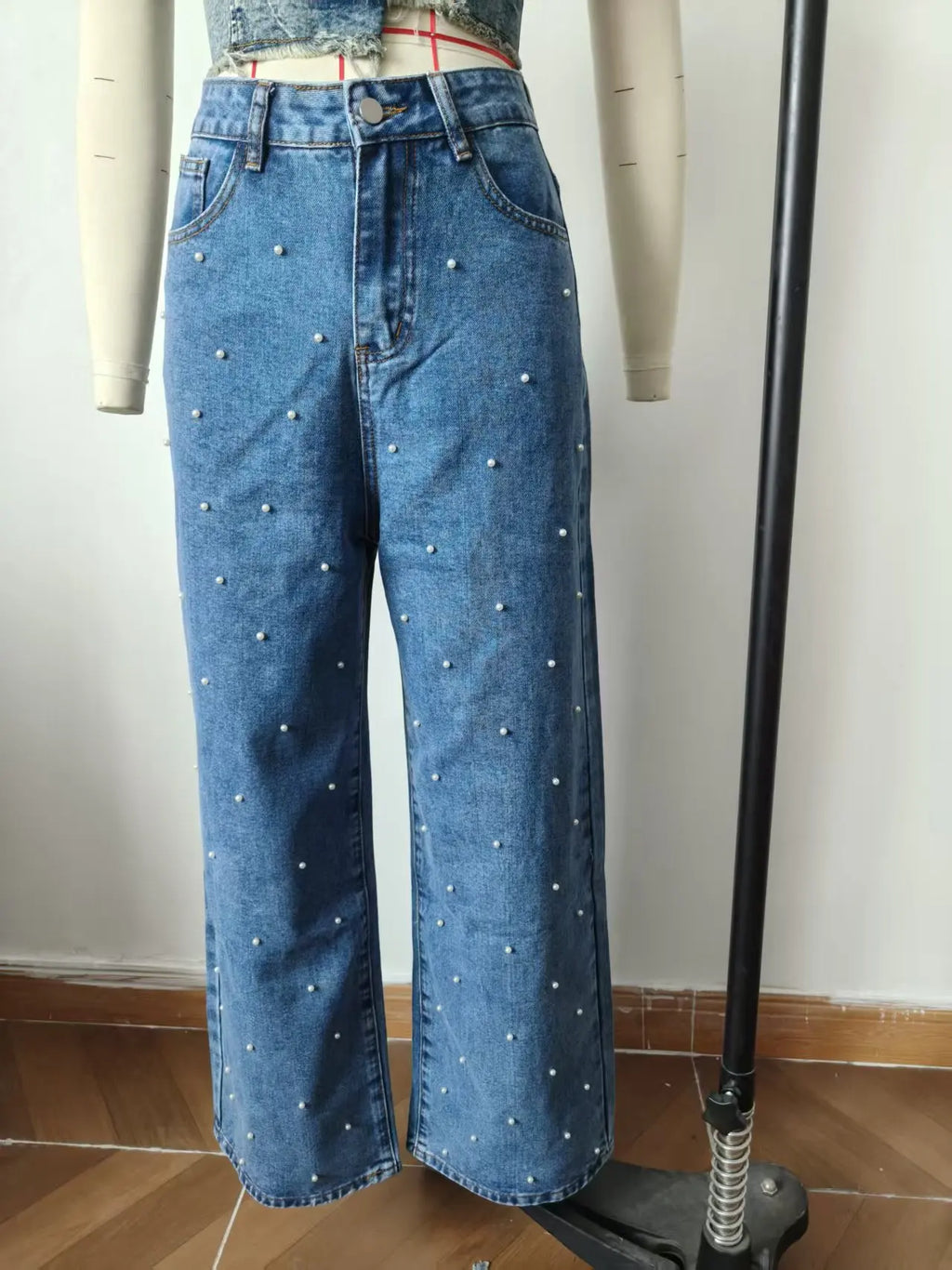 Denim Straight Pants Women Pearls Spliced Jeans High Waist Washed Basics Ankle Length Trousers Streetwear Pant Solid Autumn