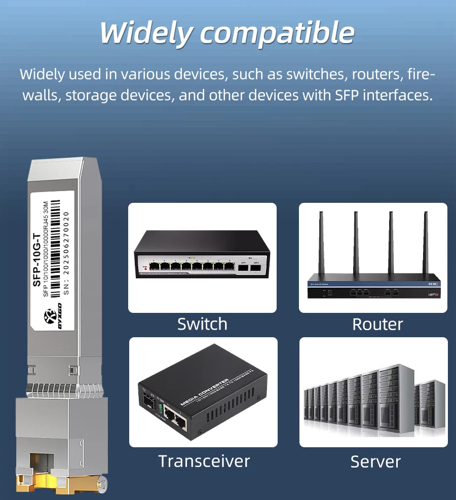 RJ45 SFP Module Adaptive Rate, For Cisco/Mikrotik/Juniper/Ubiquiti/Switch, Hot-Swappable of 1G/10GBASE-T Copper RJ45 SFP+ Module