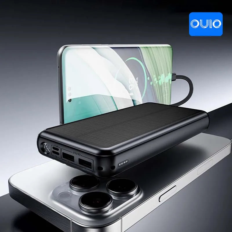 30000mAh Solar Power Bank Super Fast Charging Compact Portable Built-in 4 Cable High Capacity External Battery with Led Light