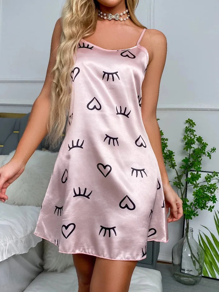 Sleepwear Women's Sexy Lingerie Heart Print Nightdress Scoop Neck Criss Cross Back Sleepdress Nightgowns Pajamas Nighties