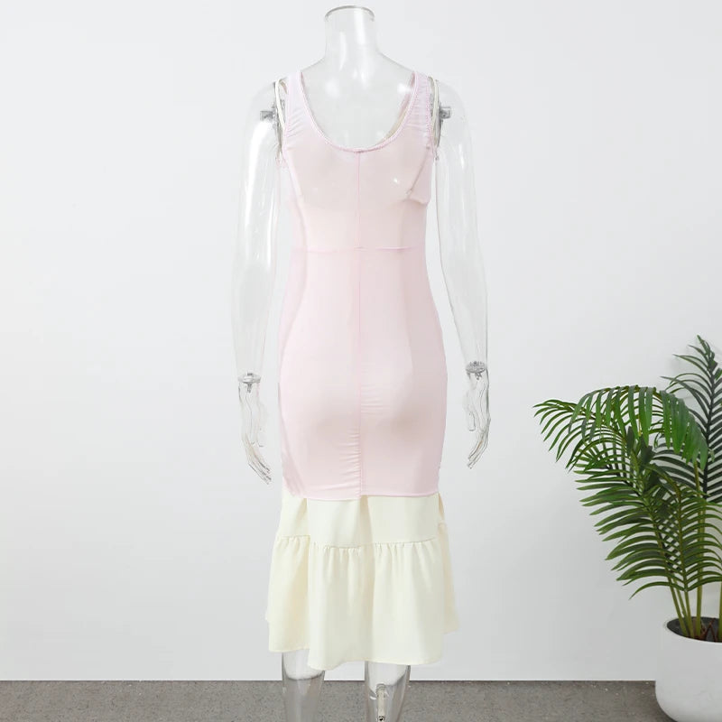 Sexy Nude Fishbone V-neck Dress Women Elegant Sleeveless Pleated Slim Waist-cinching Gown 2026 Summer Party Casual Streetwear