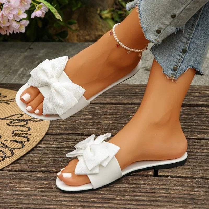 Womens Slip on Flat Sandals Big Bowknot Wide Strap Slides Mules Open Toe Casual Sweet Summer Beach Comfort Daily Walking Shoes