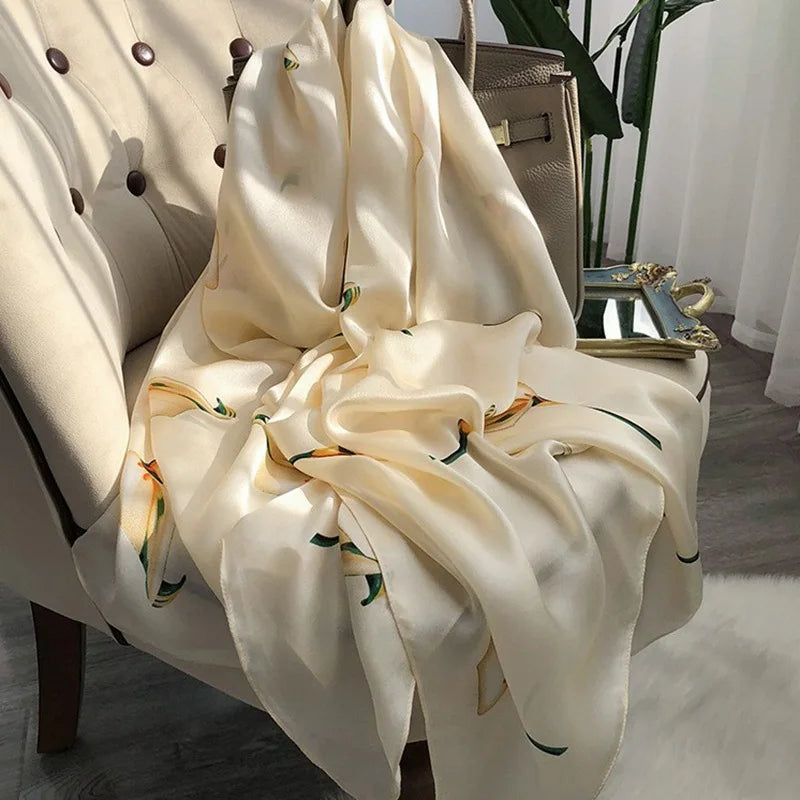 Birdtree, 9MM 100%Real Silk Scarf Shawl, Thin Plum Bossom Summer Beach Shawls Scarfs, Fall Winter Neck Head P36714QM