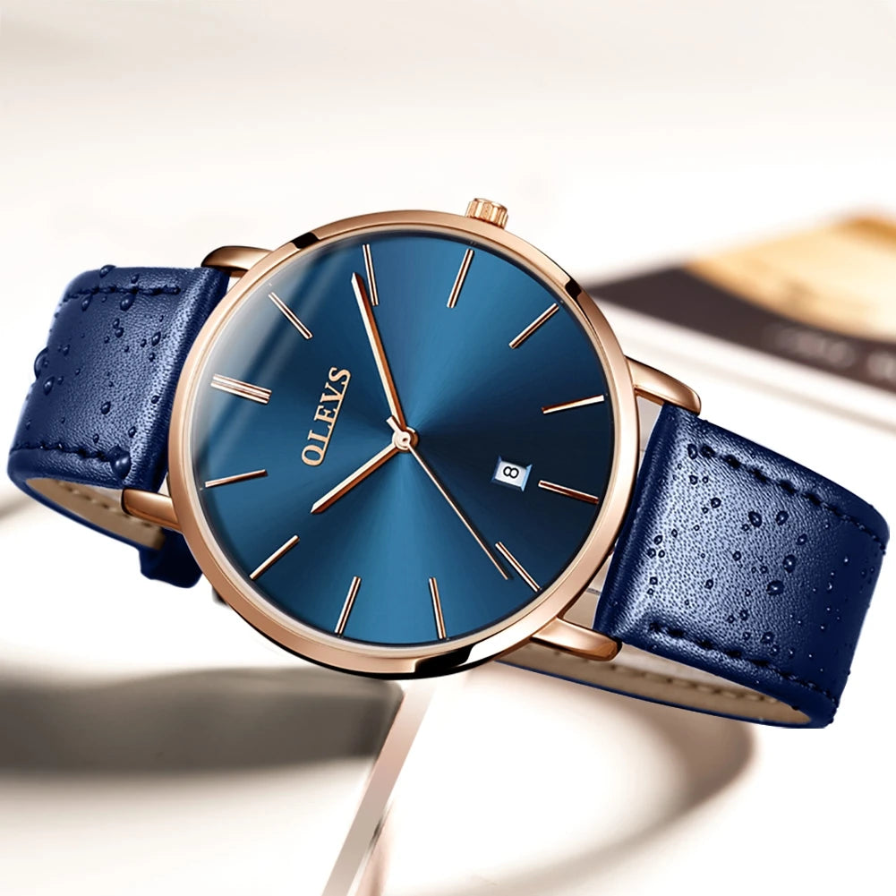 OLEVS 5869 Ultra Thin 6.5mm Quartz Watch for Men Fashion Leather Strap Simple Luxury Auto Date Clock Men's Wristwatch Waterproof