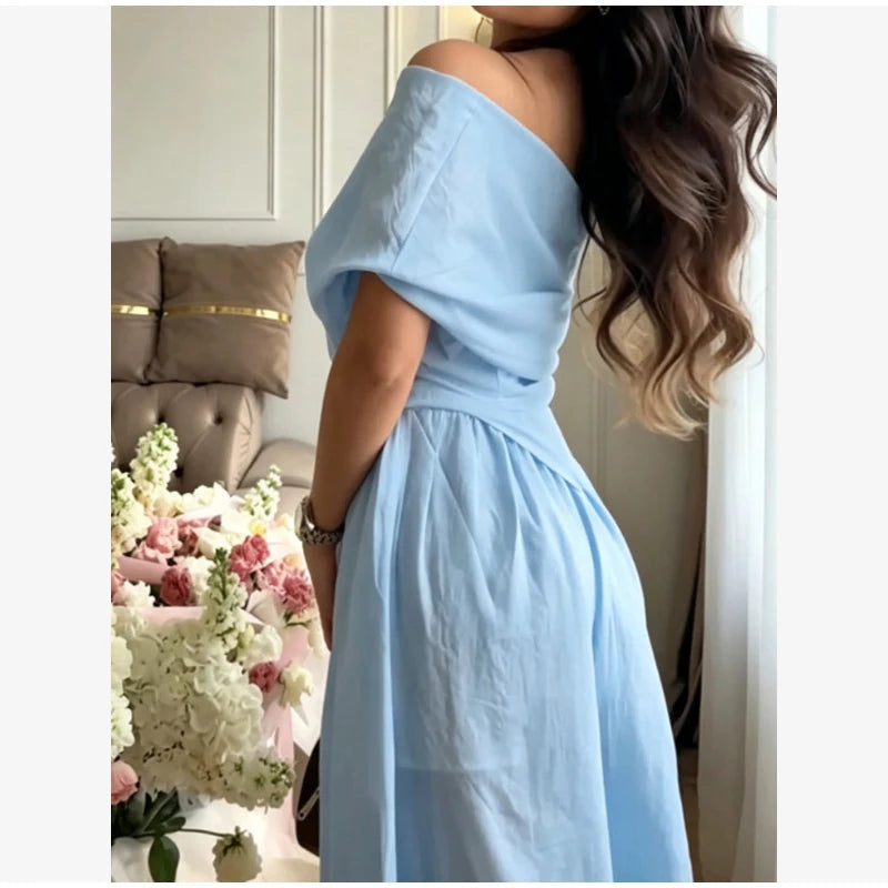 Solid One Shoulder Top Lantern Pants Set Women Chic Cotton Linen T-shirt Wide-leg Pants Suit Elegant Lady Summer Daily Outfits