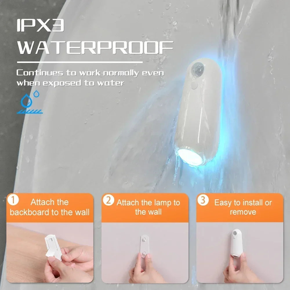 LED Motion Sensor Light Rechargeable RGB Night Light 8 Colors Adjustable IPX3 Waterproof for Toilet Stairs Bedroom Entrance
