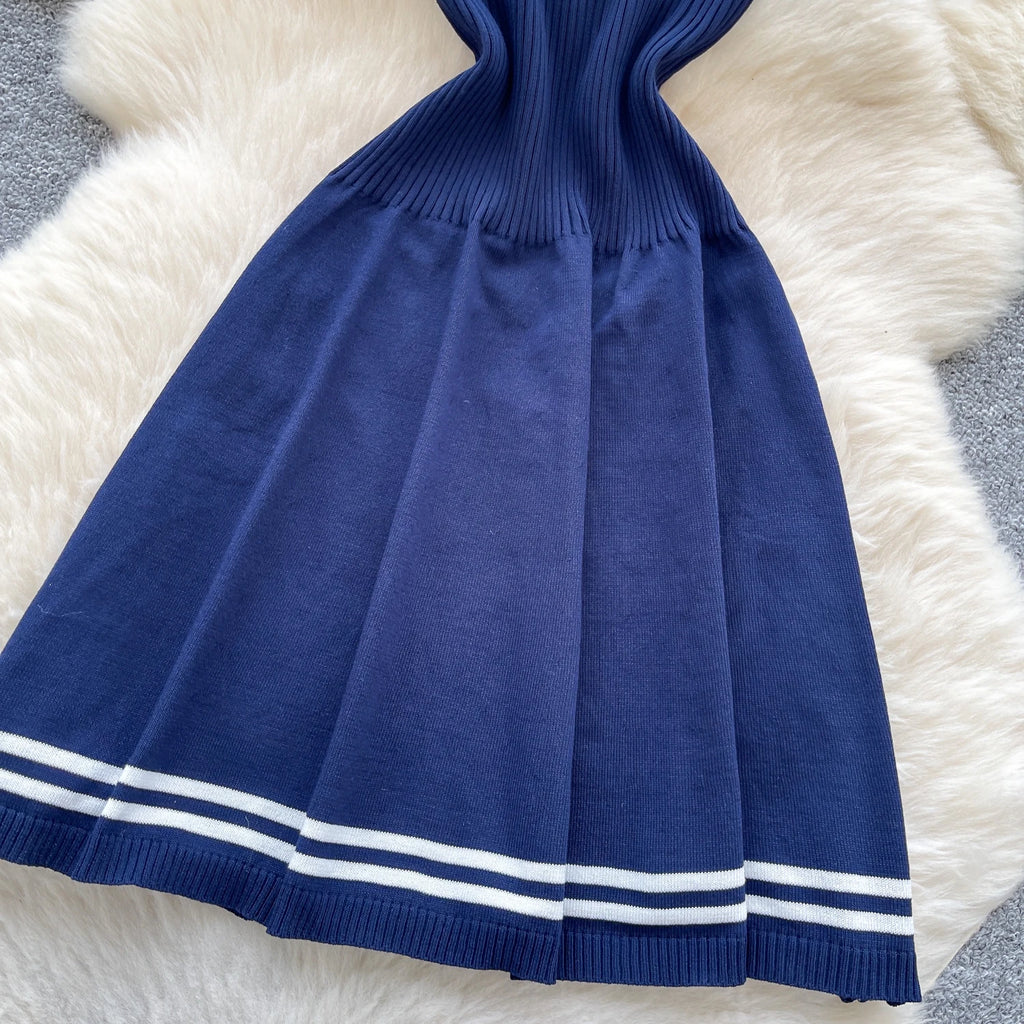 New Summer Women Sailor Collar Short Sleeve Knitted Dress Sundress Bow Lace Up Elatic Bodycon Pencil Vestidos Short Dress