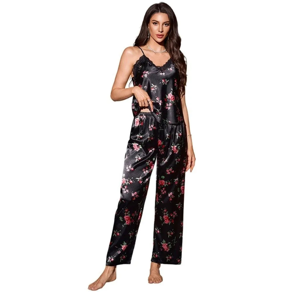 Satin Ice Silk Women's Printed Pajamas Set Lace-Trimmed V-Neck Shorts And Long Pants Ice Silk Suspender Sleepwear Floral Printed