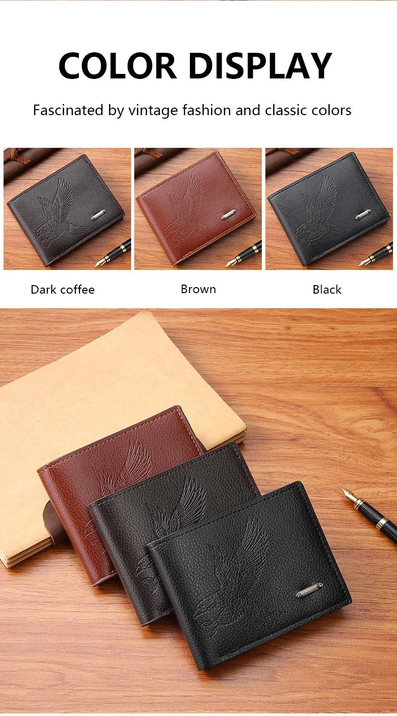 Classic Men's Leather Wallets Slim Minimalist Hawk Pattern Bifold Credit ID Card Holder Wallet Purse Short Thin Money Clip