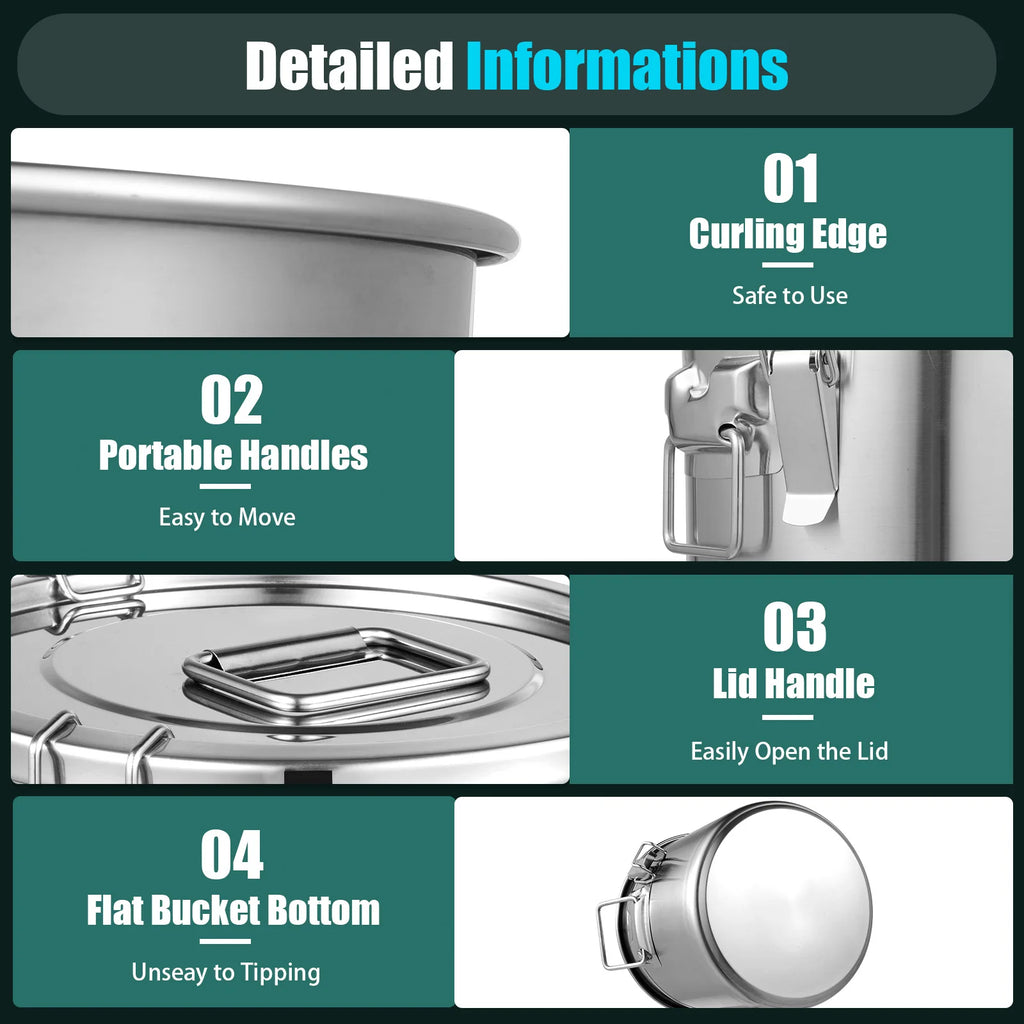 Bymaocar 12L 304 Stainless Steel Cereal Container Metal Kitchen Rice Oil Storage Bucket Airtight Durable, Corrosion Resistant