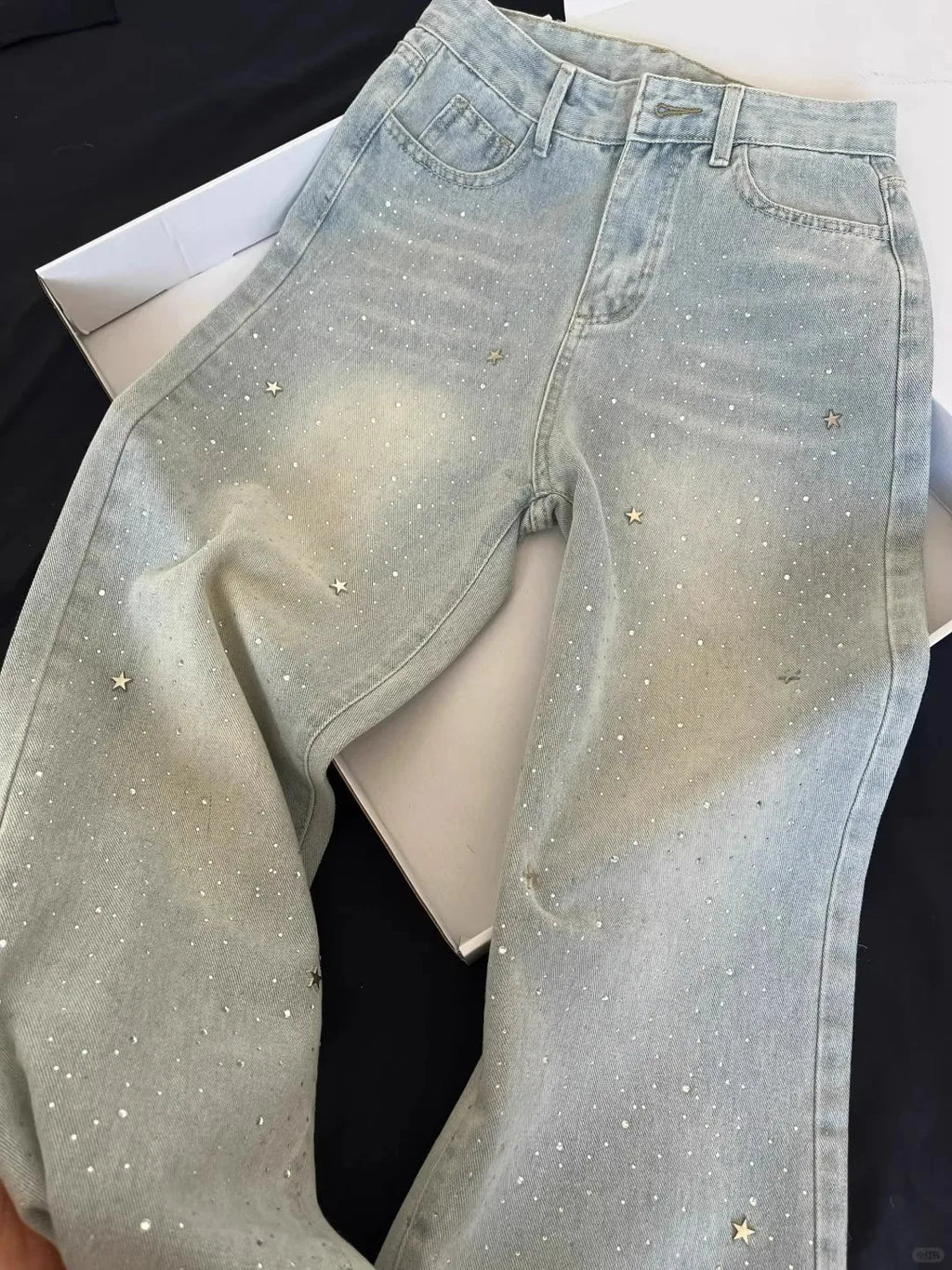 Four Seasons New Fashion Women's Light Blue Wide Leg High Waist Loose Casual Trendy Jeans Female Diamond Studded Denim Trousers
