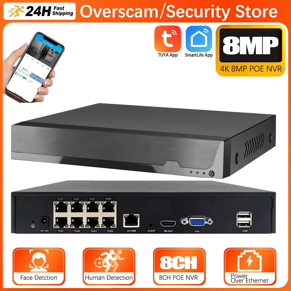 Smart Life 4K 8MP HD 8CH POE NVR Video Recorder H.265 8Channel NVR Security System Tuya CCTV Network Surveillance Video Recorder