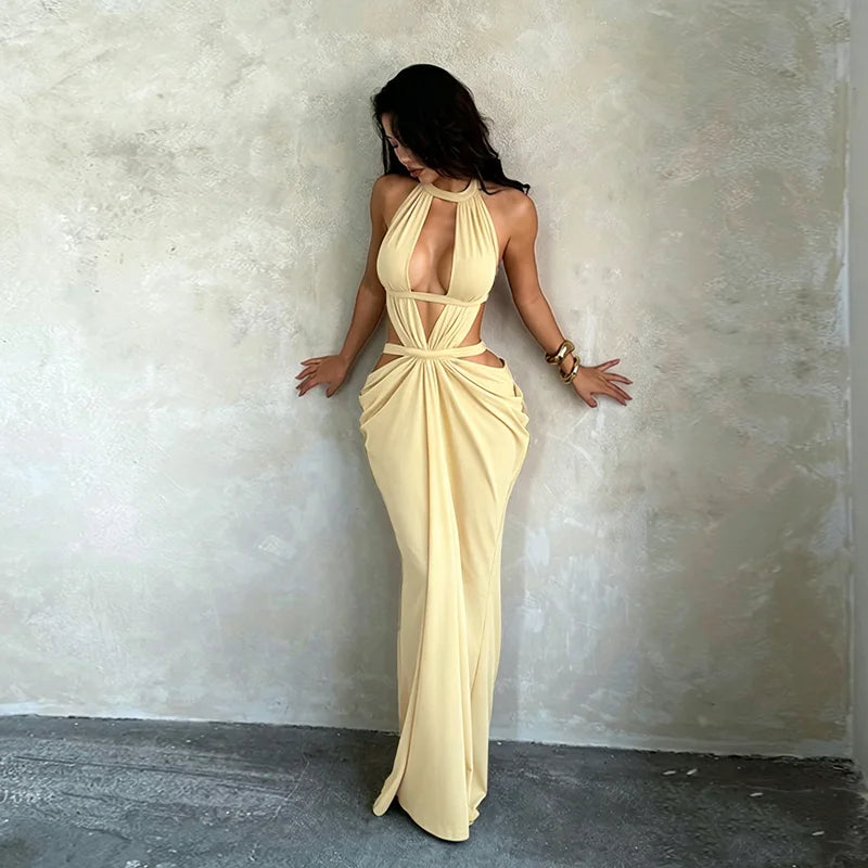 Halter Cut-Out Draped Super-Cut Back Bare Elegant Party Maxi Dress Waistless Backless Sleeveless Khaki Evening Prom Long Dress