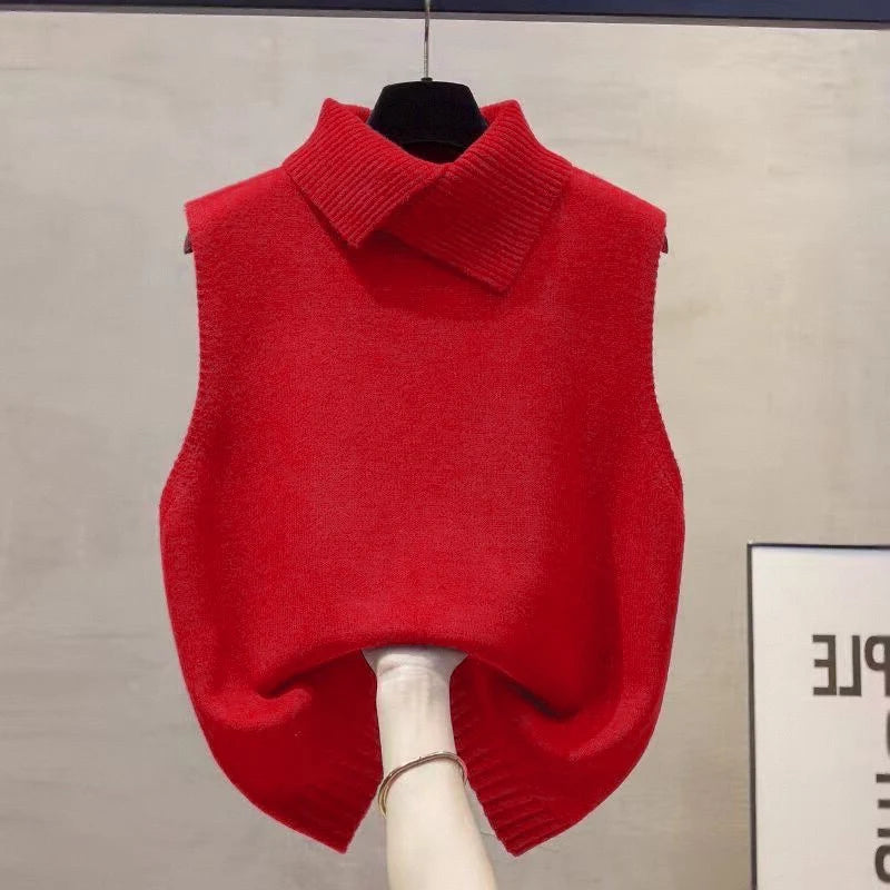 Autumn Winter Korean Solid Color Lapel Sleeveless Versatile Casual Knitted Vest For Women