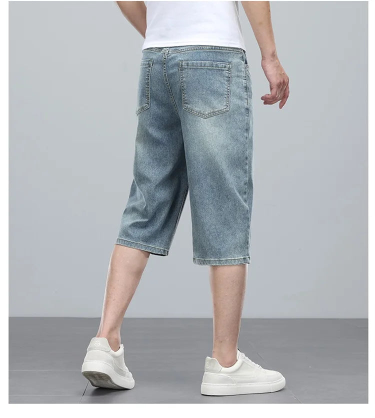 Summer men's six inch shorts over the knee thin straight tube minimalist elastic denim shorts Baggy Jeans Shorts for Men  3/4