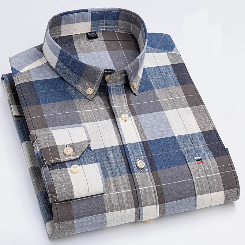 Men's 100% Cotton Smart Casual Shirt Long Sleeve Plaid Oxford Casual Solid Color Print Regular Fit Dress Shirt Oversized  6XL