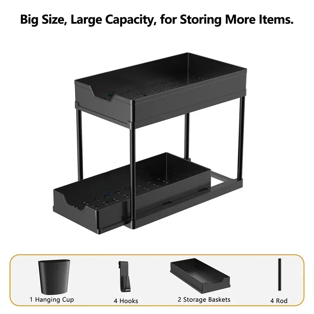 2-Tier Under Sink Organizers and Storage, Sliding L-shape Under Bathroom Kitchen Cabinet Organizers Narrow Space Sink Organizer