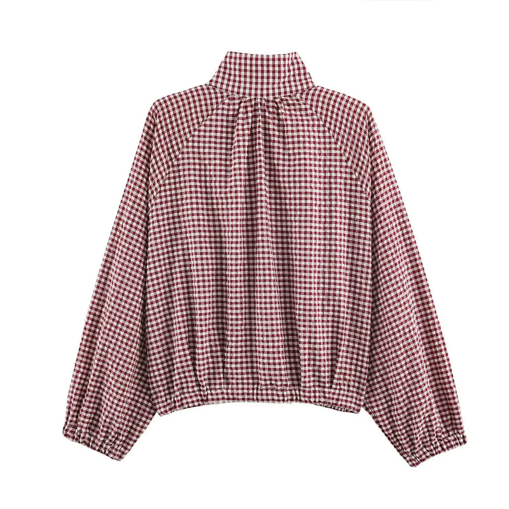 Women's Plaid Jacket, Vintage Gingham Check Coat, Stand Collar Long Sleeve Button Up Outerwear, Loose Casual Autumn Windbreaker