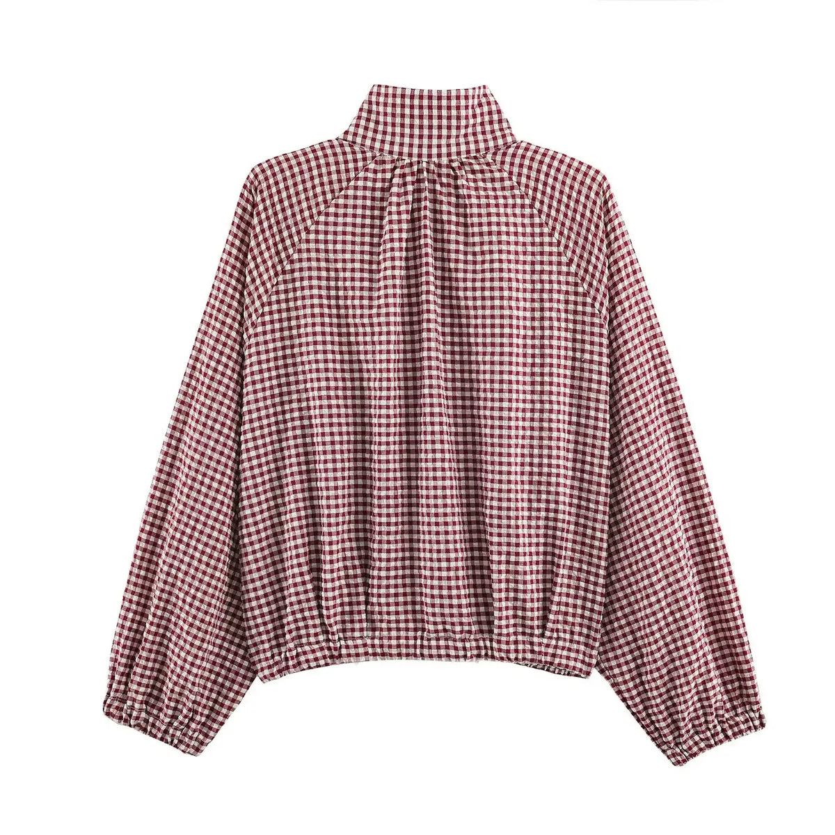 Women's Plaid Jacket, Vintage Gingham Check Coat, Stand Collar Long Sleeve Button Up Outerwear, Loose Casual Autumn Windbreaker