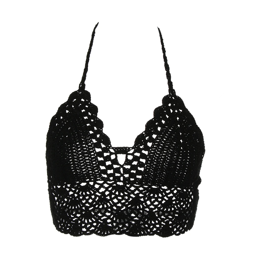 Women Summer Sexy Bikini Crochet Crop Top Boho Beach Camisoles Knit Bralette Bra Halter Neck Vest Holiday Beachwear