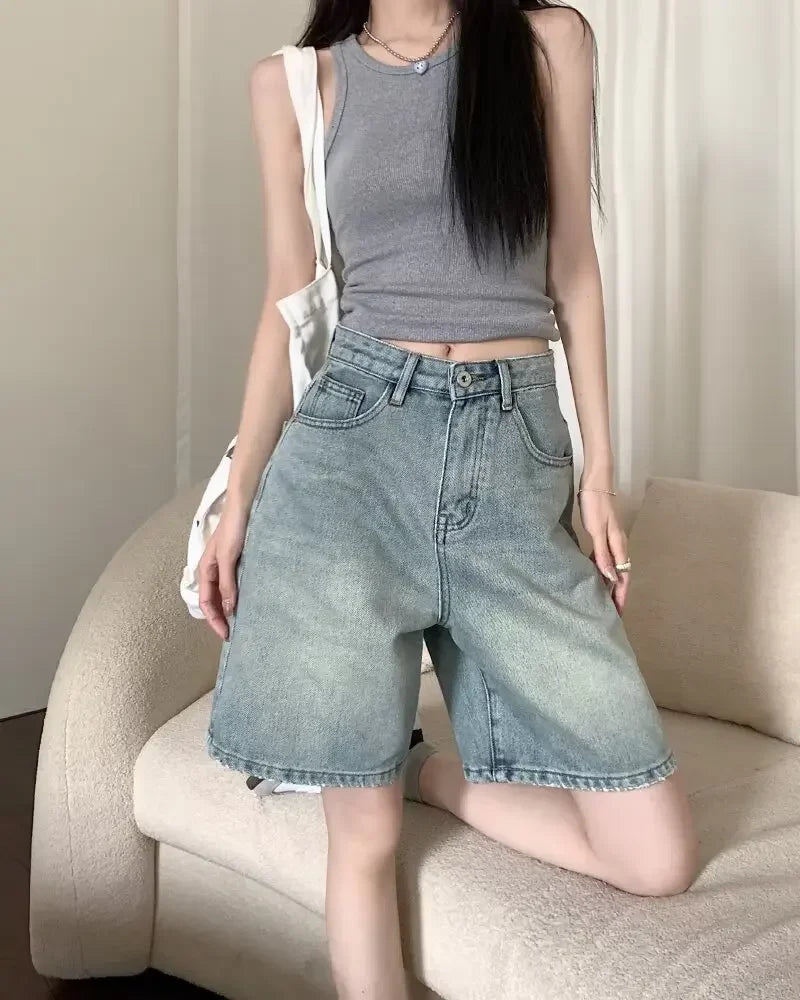 Summer High Waist Retro Jean Shorts for Women Loose Straight Denim Fashion Versatile Leisure Shorts Women's 2026