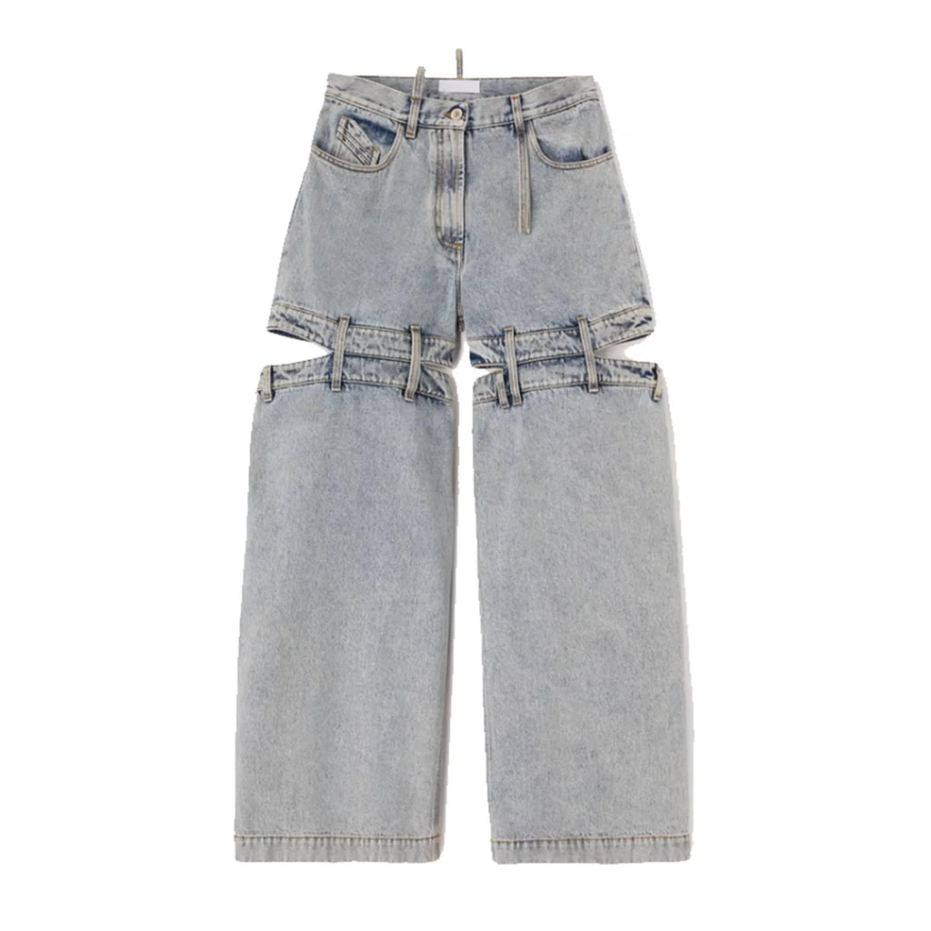 Fashion Women's Denim Pants Loose Waist Zip Hollow Out Solid Color Wide-leg Floor-length Jeans Autumn 2023 New Tide