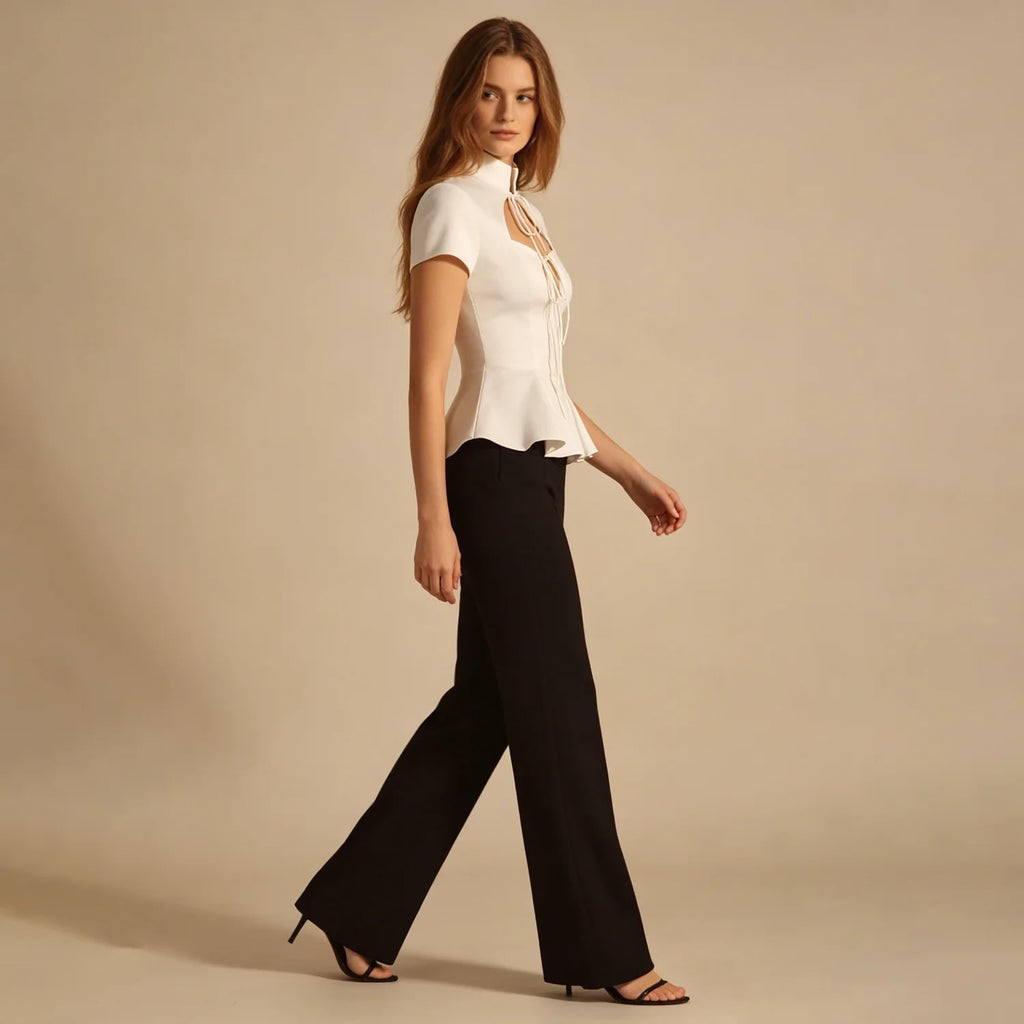 LIMO Elegant White Lace Up Peplum Top, Mandarin Collar Cutout Blouse, Women's Y2K Party Clubwear