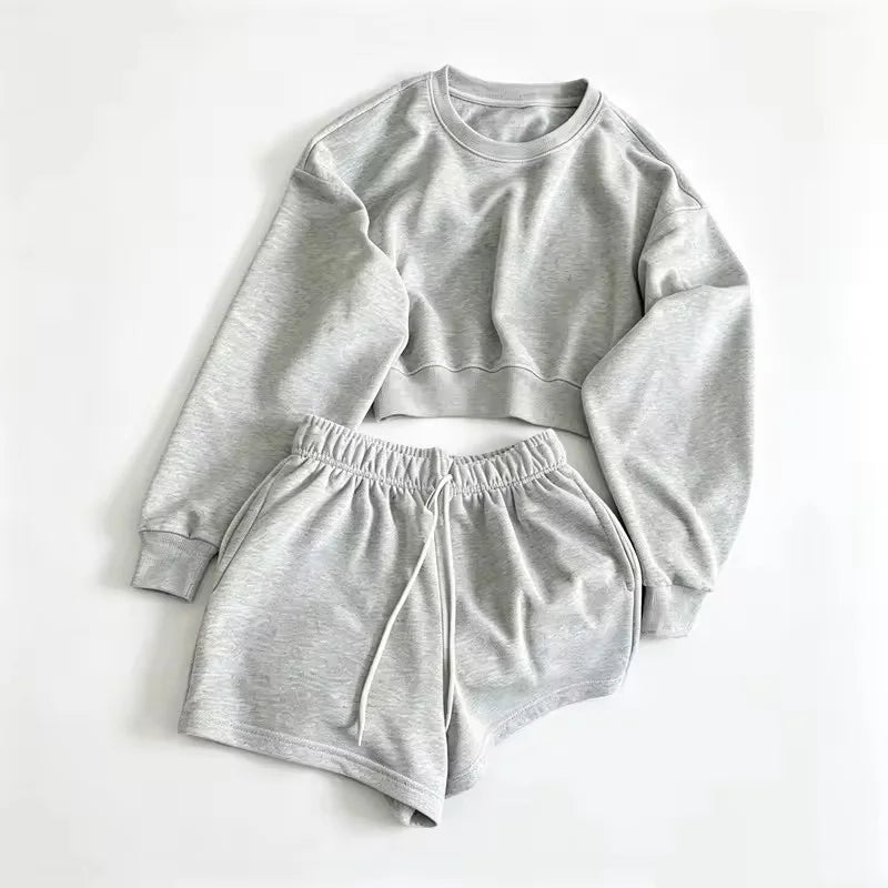 spring autumn Womens Round neck long sleeve Sweatshirt Two Piece Set Casual Sweatshirt+shorts Womens suit Daily Womens Tracksuit