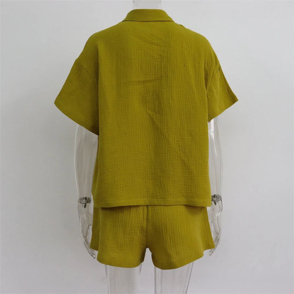 Summer Two Piece Set Women Shorts Suit Green Lapel Long Sleeve Shirts Sets Female Elegant Casual High Waist Pants Lady Outfits