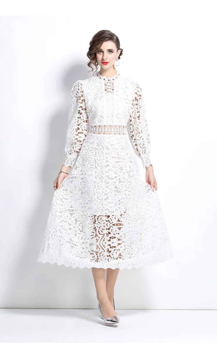 Solid Lace Holloe Out Slimming Elegant Dresses For Women Stand Collar Long Sleeve High Waist Minimalist Dress Female Fashion