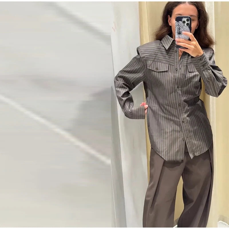 Multicolor Striped Shirt 2 Picec Set Button Front Blouse High Waist Flared Hem Maxi Skirt 2026 Summer Elegant Lady Vacation Suit