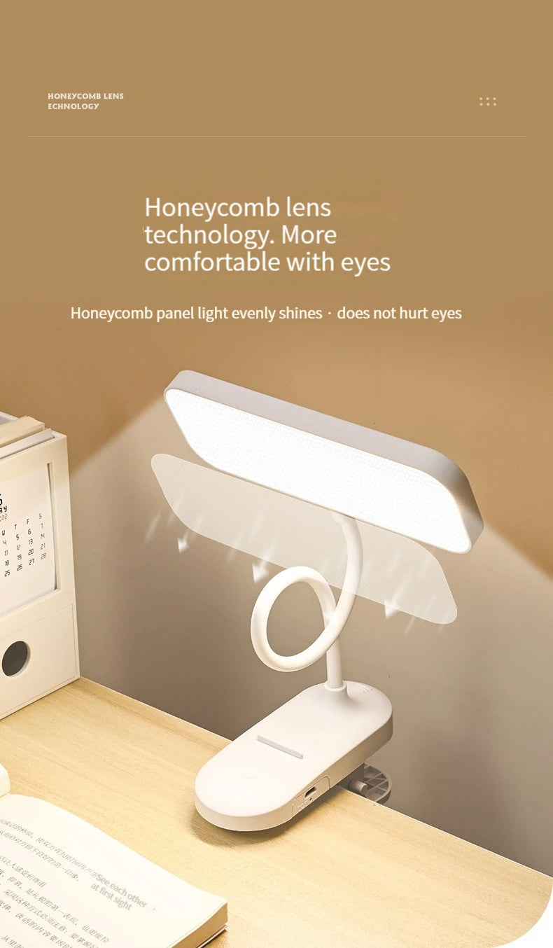 Clip-On Desk Lamp with Eye Care, USB Rechargeable & Plug-in Dimmable LED Light, Adjustable Study Lamp for College Dorm, Bedroom