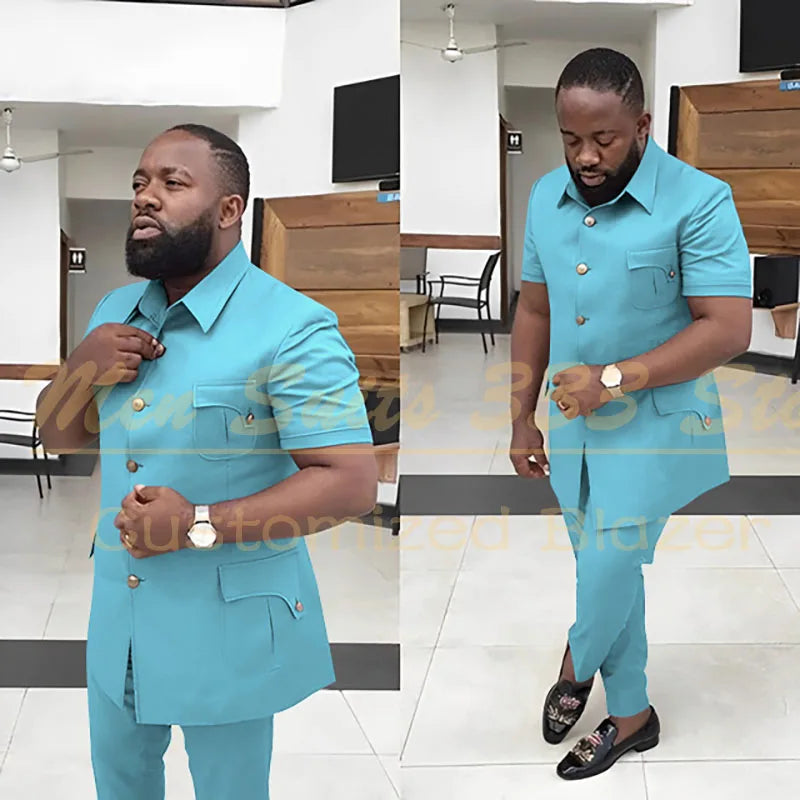 Summer Men's Suits Solid Color Short Sleeve Single Breasted Stand Lapel Casual Outfits 2 Piece Jacket Pants Set Slim Fit Terno