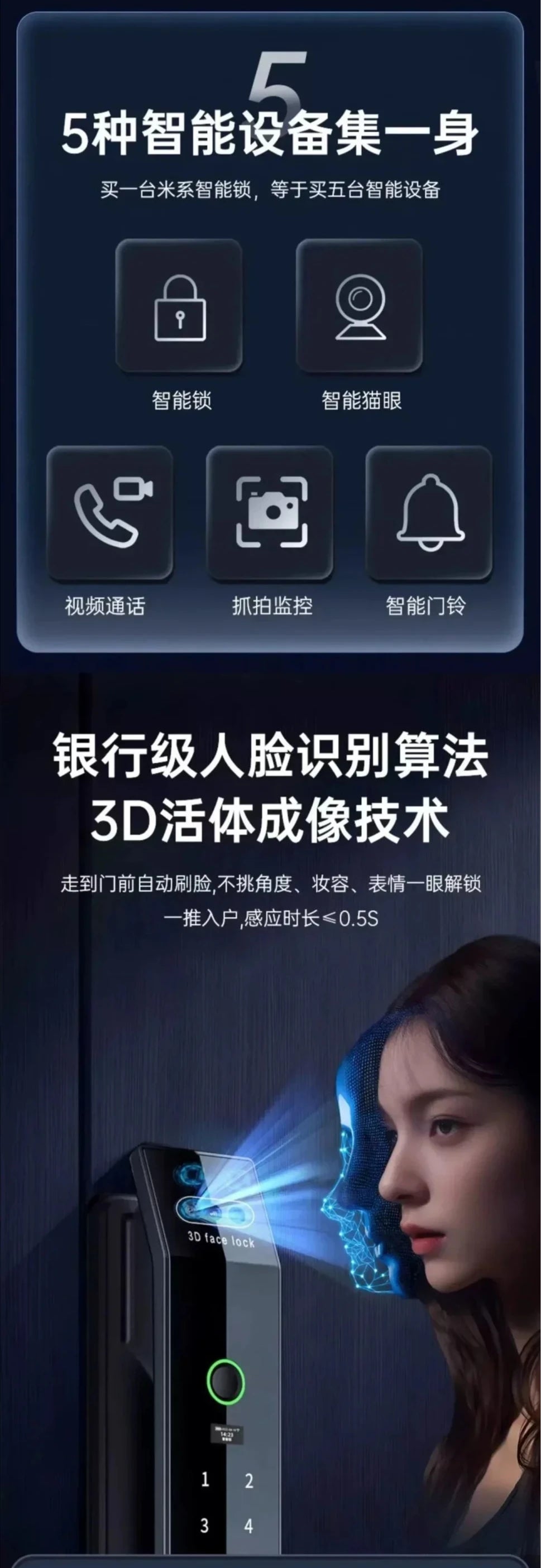 3D face smart door lock, home door remote entry