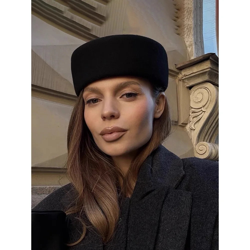 Women Berets Hat Fashion Fall Winter Vintage Concave Top Pillbox Cap 100% Wool Fedoras Hats Wedding Designer Western Church Hat